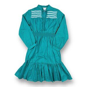 Vintage JC Penny’s Smocked Dress Aqua Polka Dot Ruffle Barbiecore Sz 12 USA